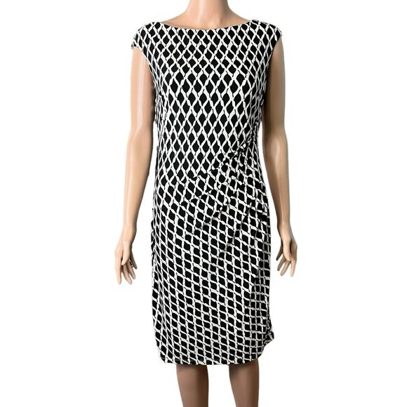 Lauren Ralph Lauren B/W Leaf Pattern Dress Sz 8 Ruched Stretchy Career Date - Picture 1 of 4